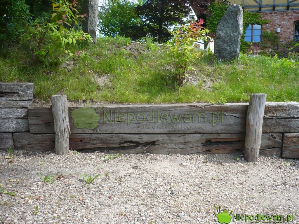 Palisada ogrodowa z kłód drewna z recyklingu umacnia skarpę. Fot. Niepodlewam